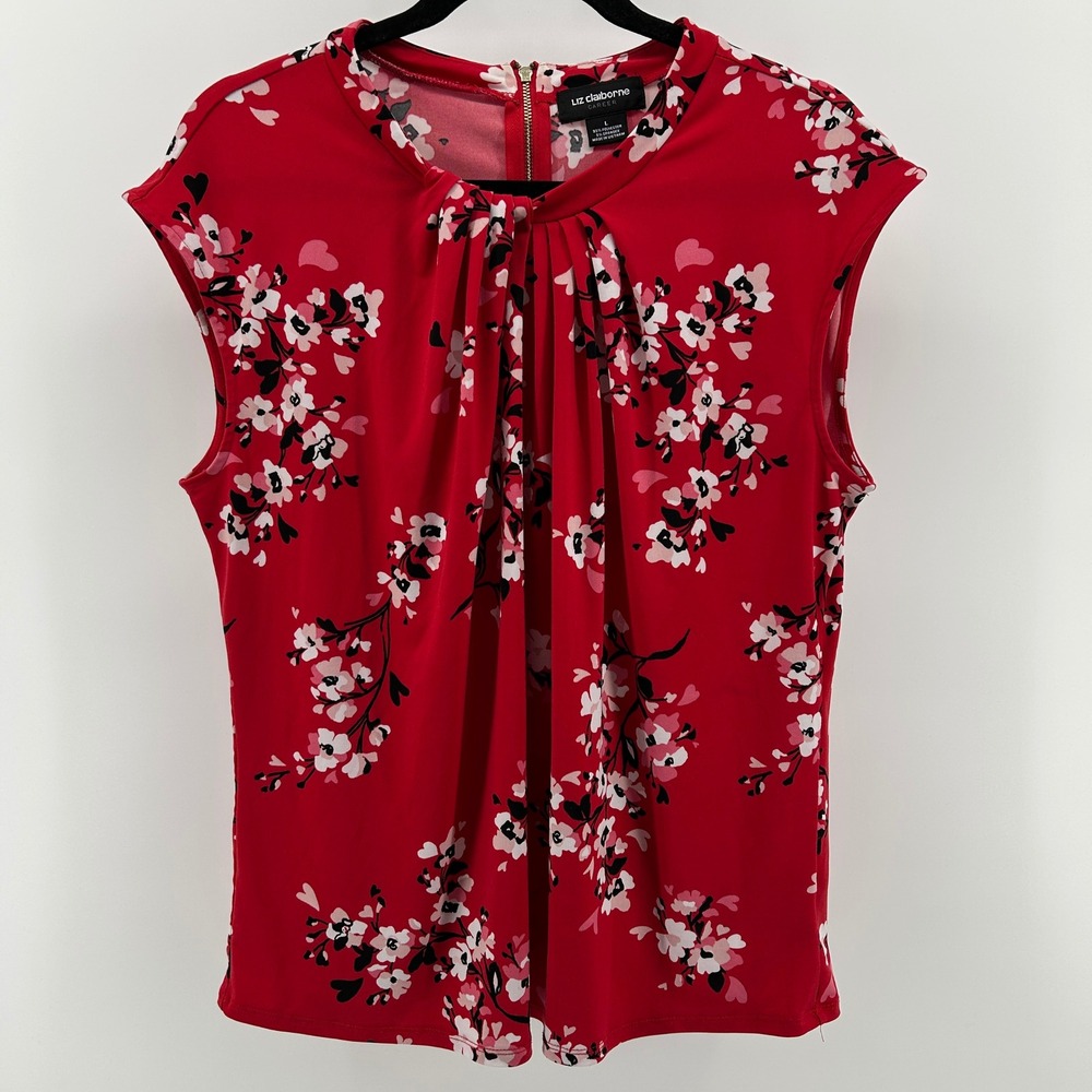 Liz Claiborne Career‎ Red Floral Pleated Cap Sleeve Blouse Large Office Feminine